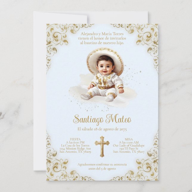 Charro Baptism Invitation –   Niño Bautizo – Blue (Front)