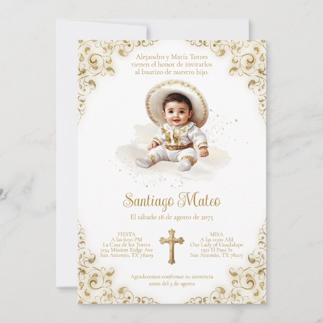 Charro Boy Baptism - Gold Bautizo - Niño Charro  Invitation (Front)