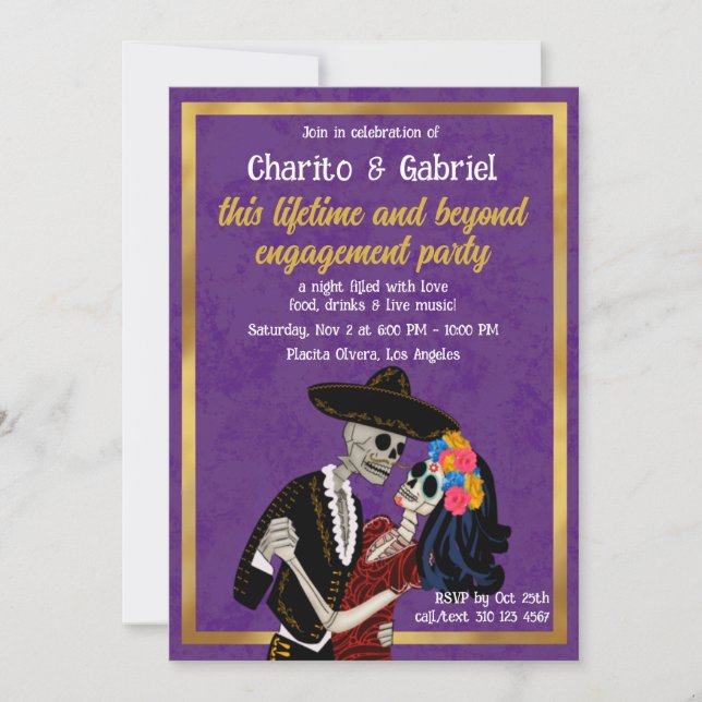 Charro Catrina Sugar Skull Dance Purple Engagement Invitation (Front)