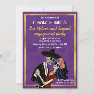 Charro Catrina Sugar Skull Dance Purple Engagement Invitation