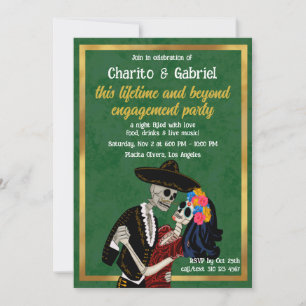 Charro Catrina Sugar Skulls Dance Green Engagement Invitation