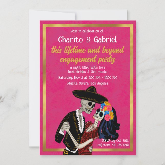 Charro Catrina Sugar Skulls Dance Pink Engagement Invitation (Front)