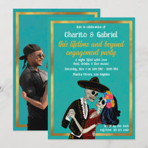 Charro Catrina Sugar Skulls Dance Teal Engagement Invitation