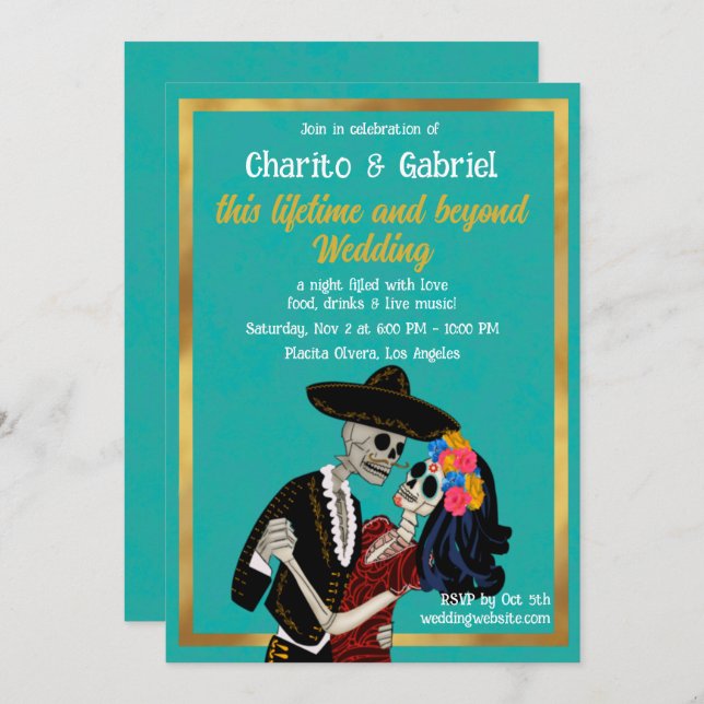 Charro Catrina Sugar Skulls Dancing Teal Wedding Invitation (Front/Back)