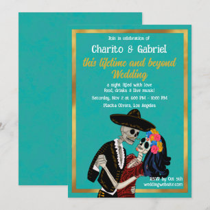 Charro Catrina Sugar Skulls Dancing Teal Wedding Invitation