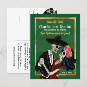 Charro Catrina Sugar Skulls Green Save the Date Postcard