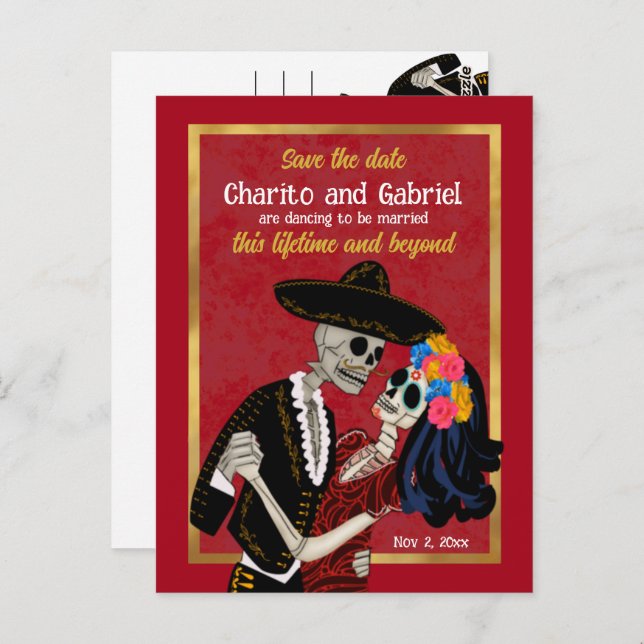 Charro Catrina Sugar Skulls Red Save the Date Postcard (Front/Back)