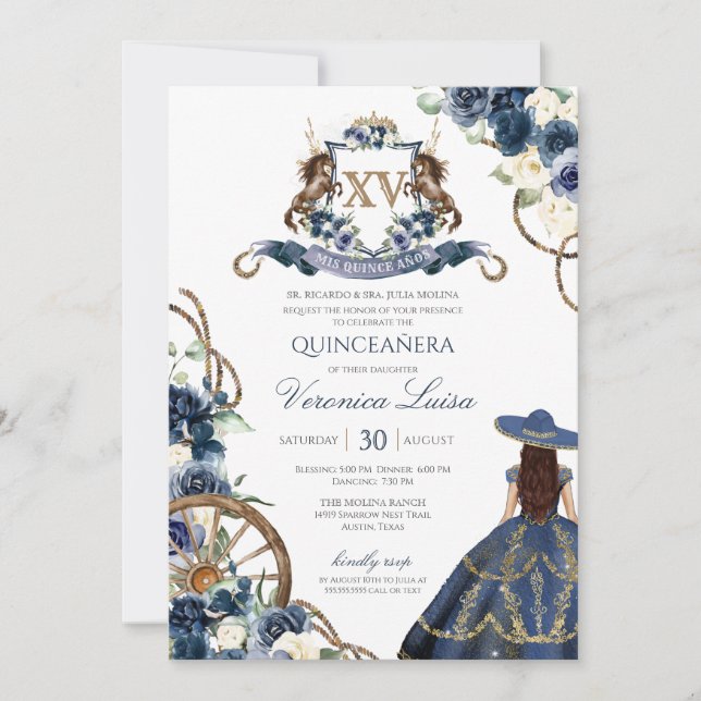 Charro Horse Crest Royal Navy Blue Quinceañera Invitation (Front)