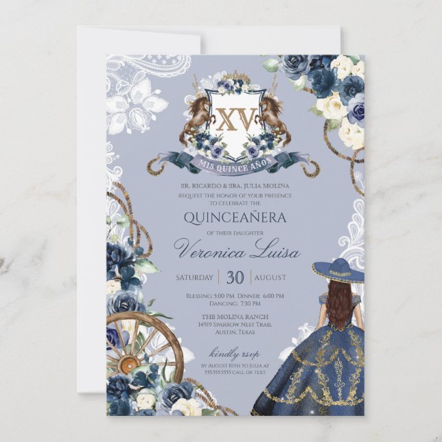 Charro Horse Crest Royal Navy Blue Quinceanera Invitation (Front)
