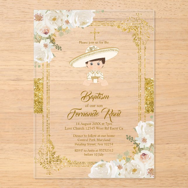 Charro Mexican Gold Fiesta Boy Baptism Christening Acrylic Invitations (Front)