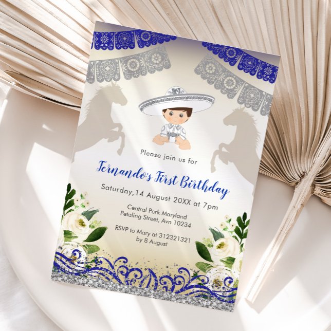 Charro Navy Blue Silver 1st Birthday invitation (Creator Uploaded)