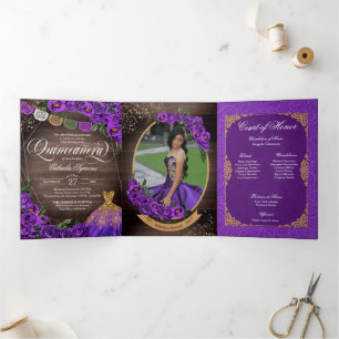 Charro Purple Roses Country Add Photo Quinceañera Tri-Fold Invitation