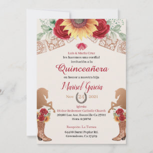  Charro Quinceanera Invitation, Red Roses invite