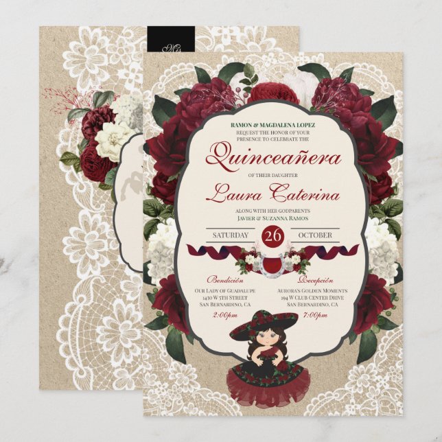 Charro Quinceanera Red Burgundy Floral Birthday  Invitation (Front/Back)