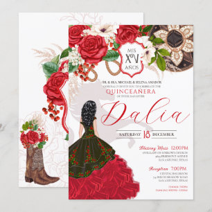 Charro Quinceañera Red Rose Western Princess Gown Invitation