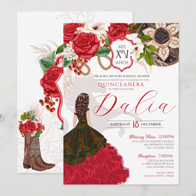 Charro Quinceañera Red Rose Western Theme Invitation (Front/Back)