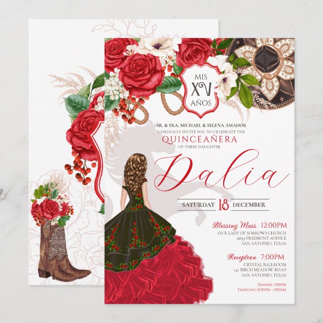 Charro Quinceañera Red Roses Floral Crest Western  Invitation (Front/Back)