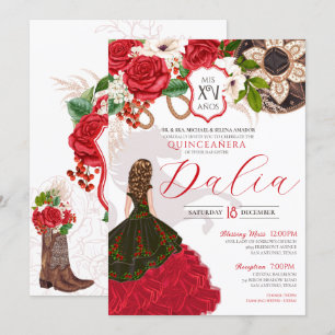 Charro Quinceañera Red Roses Floral Crest Western Invitation