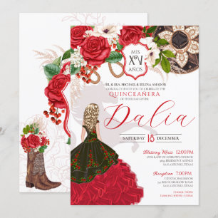 Charro Quinceañera Red Roses Floral Crest Western Invitation