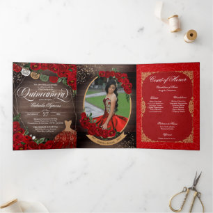 Charro Red Roses Gold Add Your Photos Quinceañera  Tri-Fold Invitation