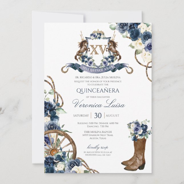Charro  Royal Navy Blue Floral Crest Quinceanera  Invitation (Front)