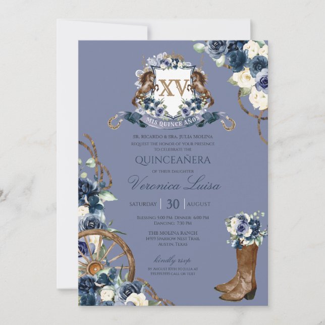 Charro  Royal Navy Blue Floral Crest Quinceanera   Invitation (Front)