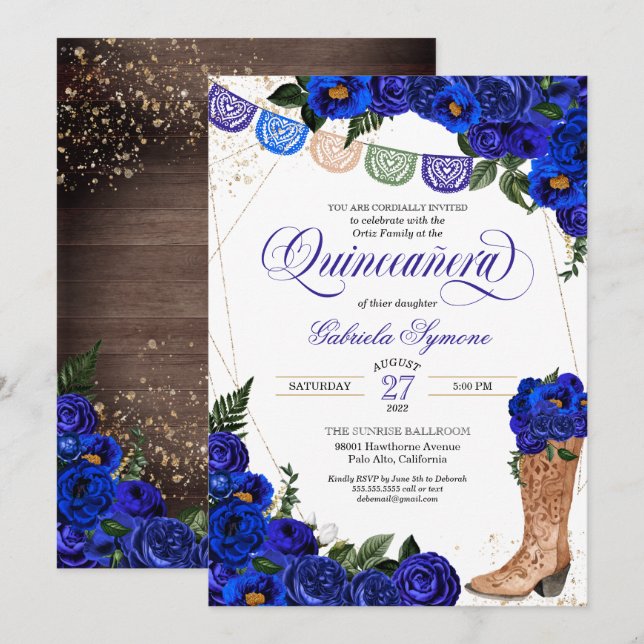 Charro Rustic Cowgirl Boots Blue Roses Quinceañera Invitation (Front/Back)