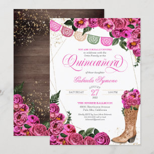 Charro Rustic Cowgirl Boots Pink Rose Quinceañera Invitation