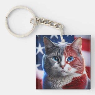 Chartreaux Breed Of Cat With U.S.Flag Background Key Ring