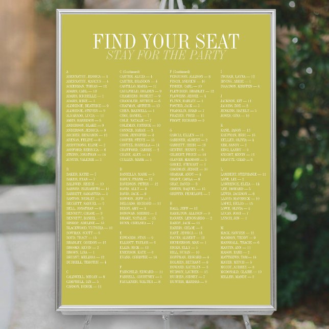Chartreuse Alphabetical Wedding Seating Chart (Chartreuse Alphabetical Wedding Seating Chart)