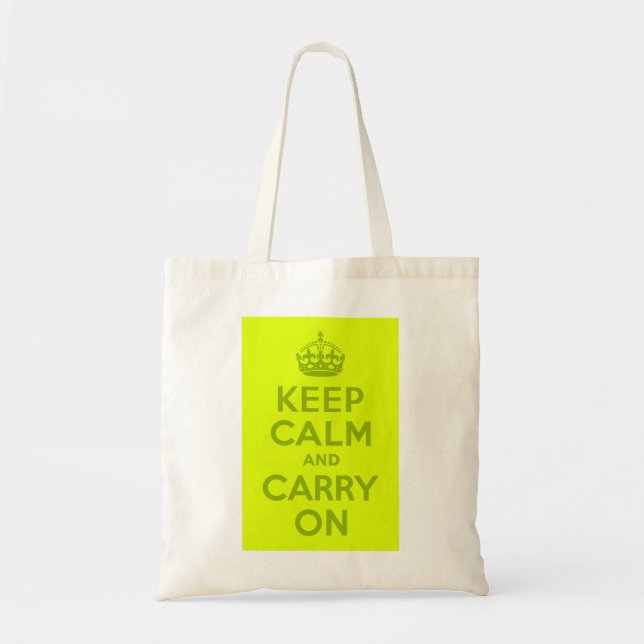 Chartreuse and Green Keep Calm and Carry On Tote Bag (Front)