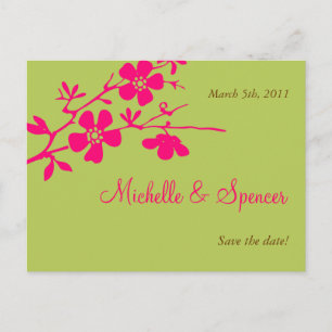 Chartreuse and Pink Blossoms Save the Dates Announcement Postcard