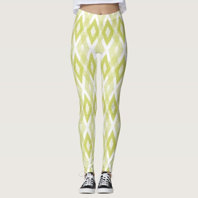 Chartreuse and White Grunge Harlequin Pattern Leggings (Front)