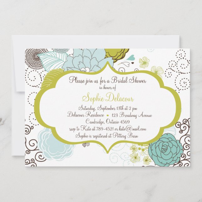 Chartreuse & Blue Floral Bridal Shower Invitation (Front)