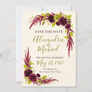 Chartreuse & Burgundy Floral Save the Date Card 