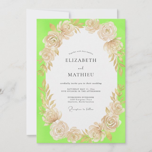 Chartreuse Champagne Floral Wedding Invitation (Front)