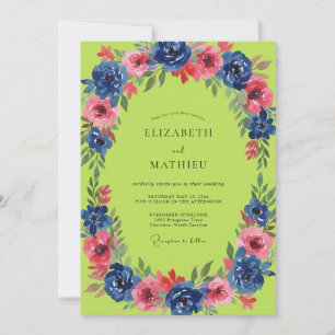 Chartreuse Cobalt Wreath Wedding Invitation