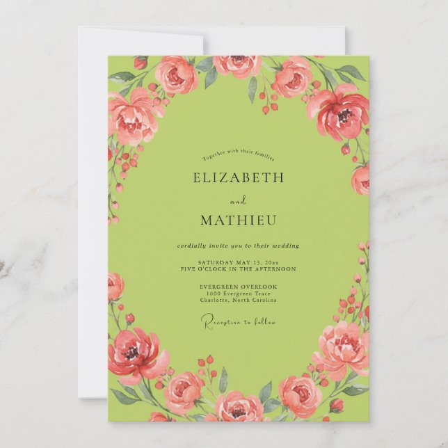 Chartreuse Coral Ranunculus Eucalyptus Wedding Invitation (Front)