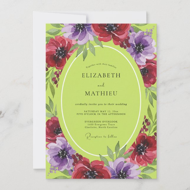 Chartreuse Crimson Petal Wedding Invitation (Front)