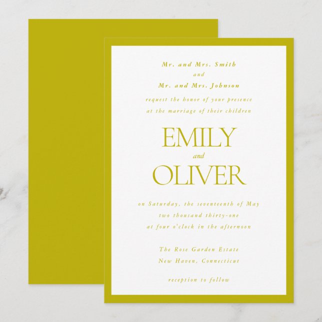 Chartreuse Elegant Classic Wedding Parents Host Invitation (Front/Back)