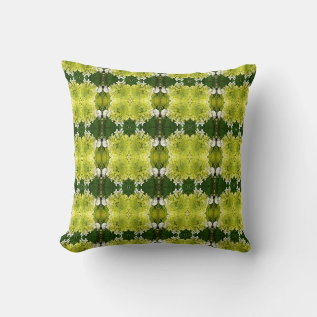 Chartreuse Green Abstract Hydrangea Blooms Pattern Cushion (Front)