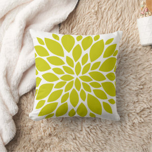 Chartreuse Green and White Floral Burst Cushion