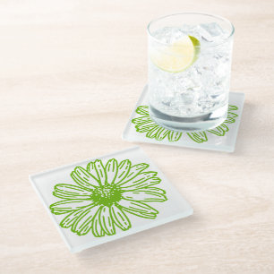Chartreuse Green Daisy Print, Hippie Flower Print Glass Coaster