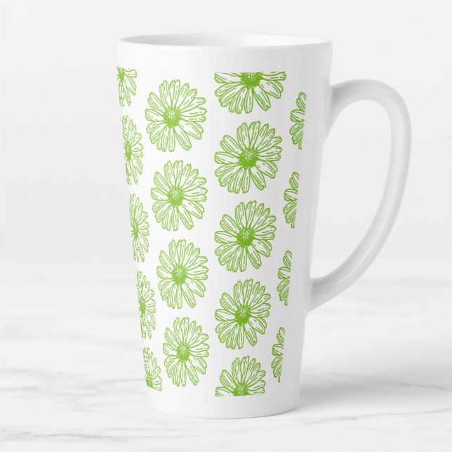 Chartreuse Green Daisy Print, Hippie Flower Print Latte Mug (Right)