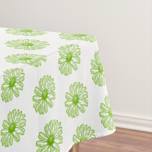 Chartreuse Green Daisy Print, Hippie Flower Print Tablecloth (In Situ)