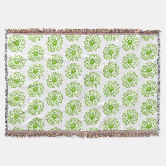 Chartreuse Green Daisy Print, Hippie Flower Print Throw Blanket (Front)