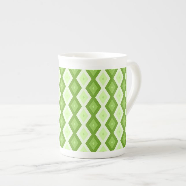 Chartreuse green diamond pattern bone china mug (Front Right)