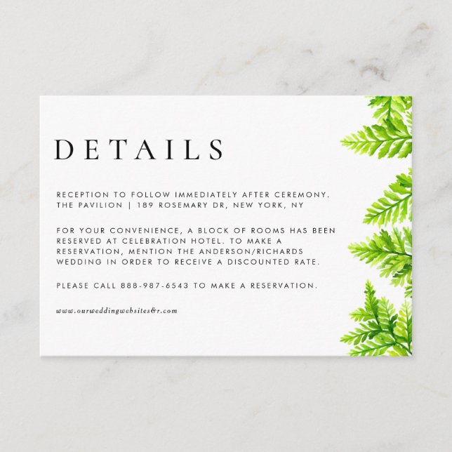 Chartreuse Green Fern Leaves Wedding Details Enclosure Card (Front)