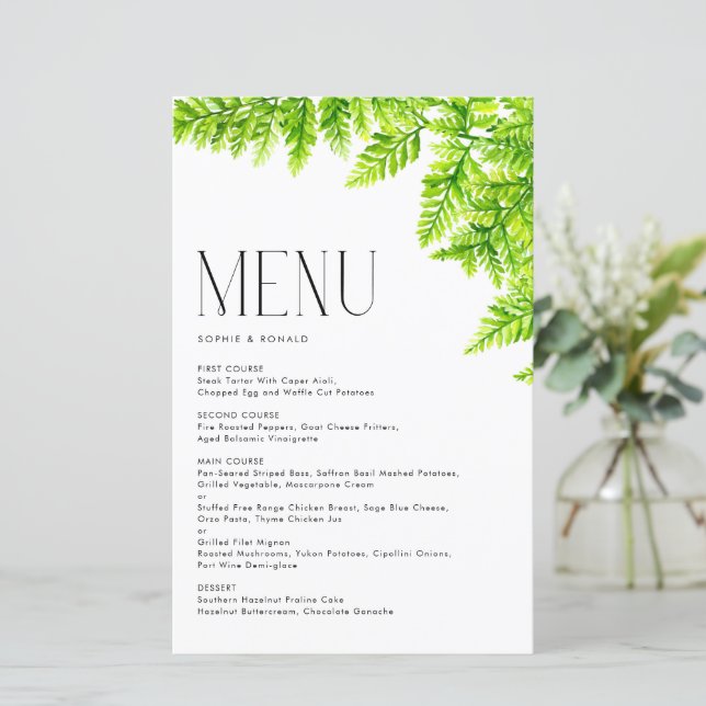 Chartreuse Green Fern Leaves Wedding Menu Card (Standing Front)