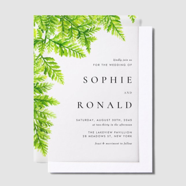Chartreuse Green Fern Leaves Woodland Wedding Vellum Invitations (Offset)